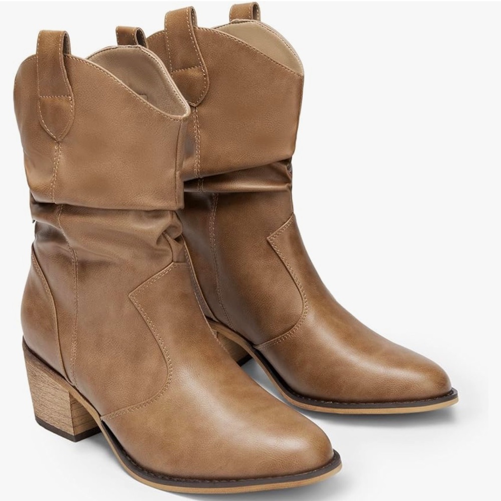 DREAM PAIRS Women's Modern Western Cowboy Boots, Mid Calf Round toe Chunky Heel